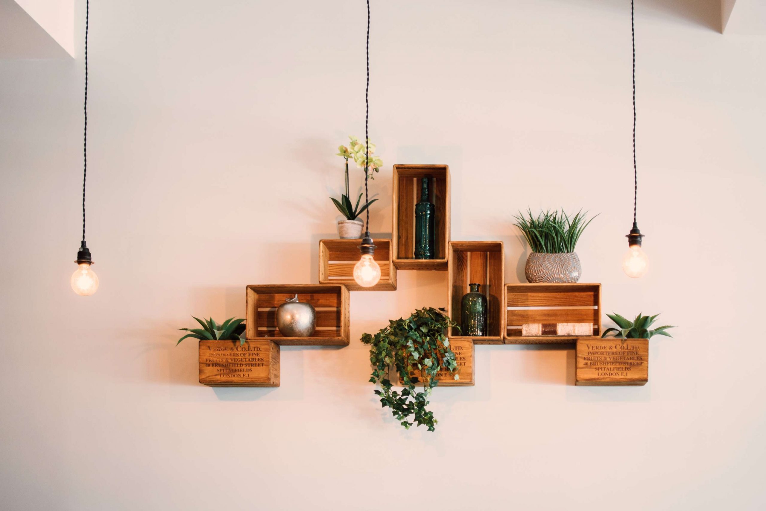 Small brown shelves arranged on a wall with light fixtures