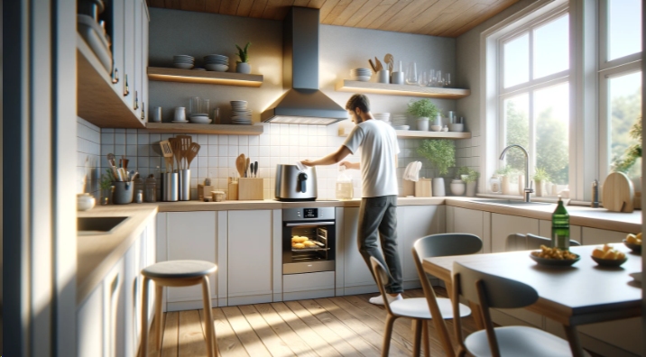 a guy cleaning a kitchen