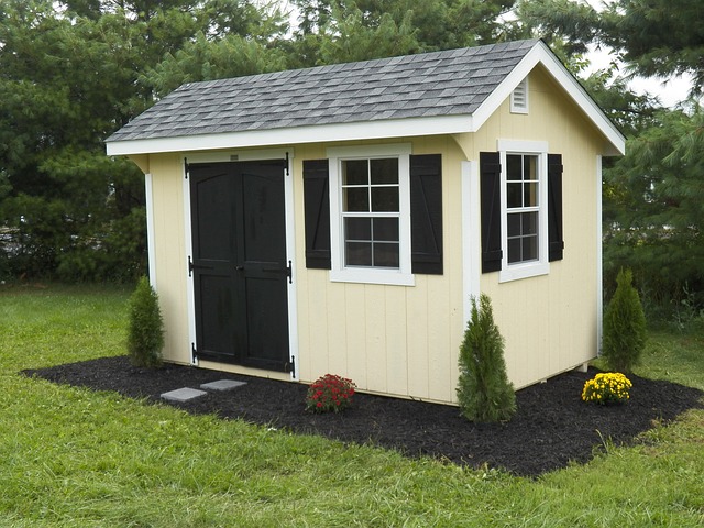 a yellow storage shed